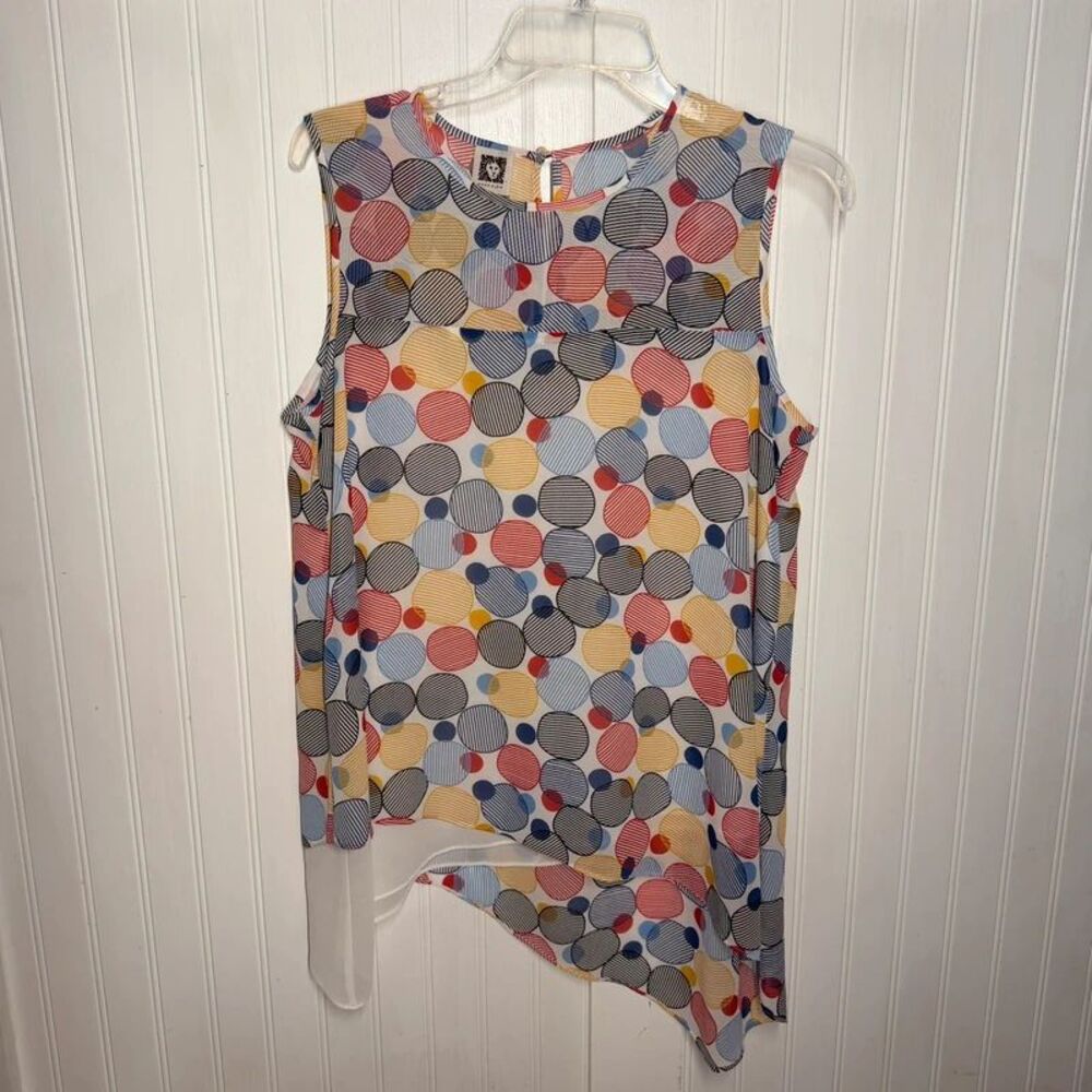 Ann Klein Blouse Sz 10 flutter hem sleeveless geometric